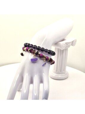 Beaded Bracelet Set In Purple And Gold With Amethyst Accents Stretch Design